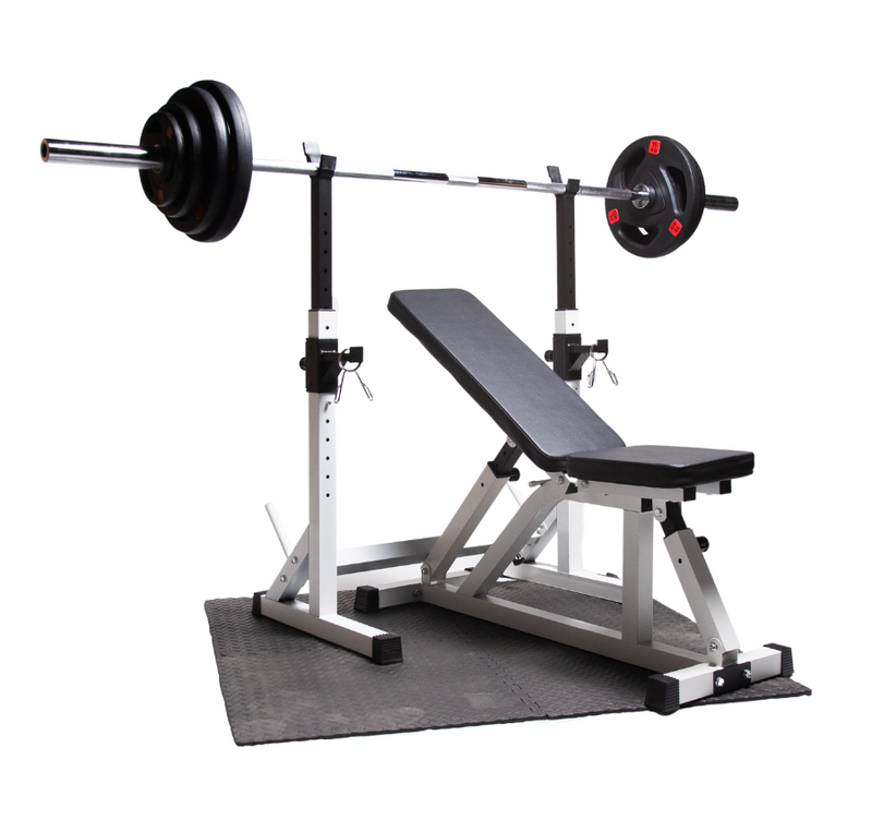Træningssæt | Justerbar Træningsbænk M. Squat Rack & OL 1,5 m Vægtstangssæt 55 kg vægtskiver
